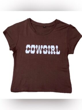 "COWGIRL" BROWN CROPPED  GRAPHIC BABY TEE WOMENS MEDIUM